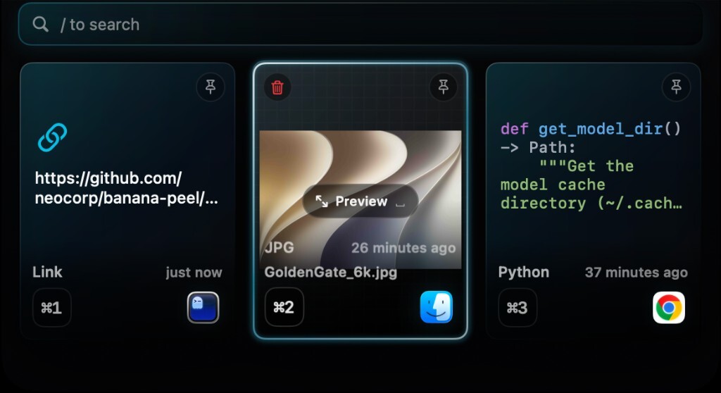 Seyran Clipboard with link, image, and code cards