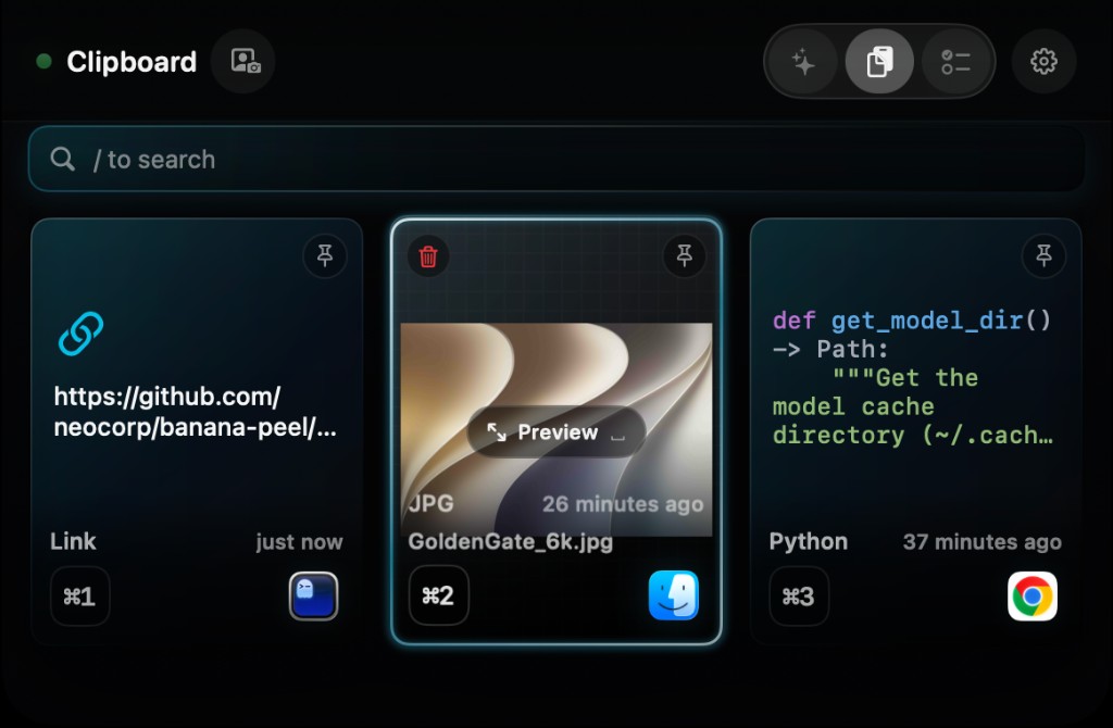 Seyran Clipboard panel with link, image, and Python snippet cards