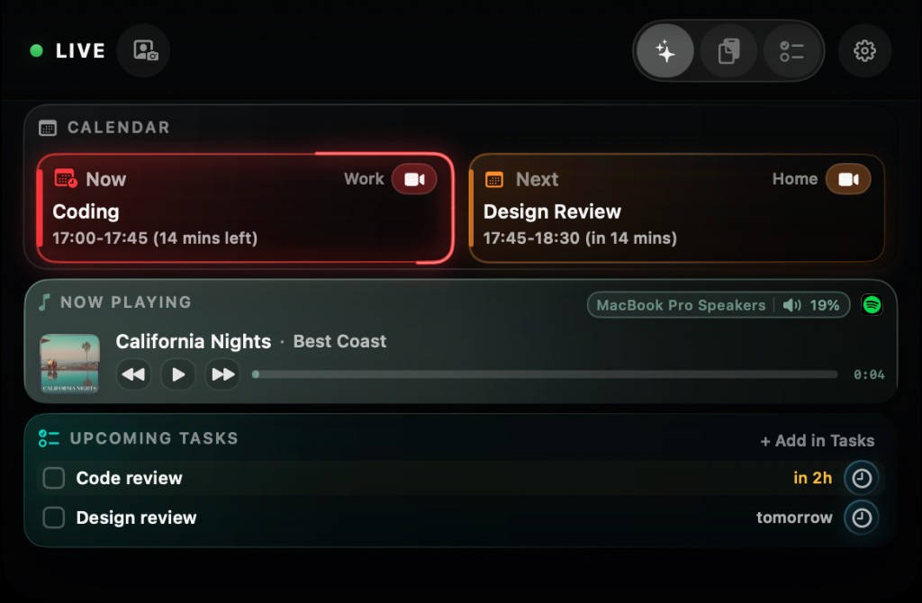 Seyran Live panel with calendar, now playing, and upcoming tasks